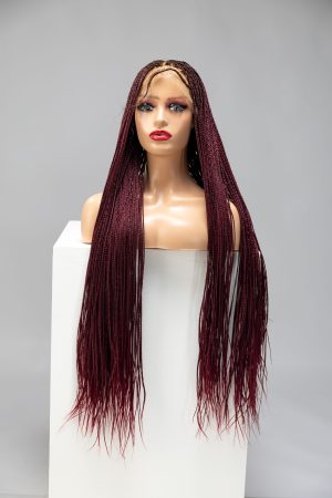 Bone straight with human hair glue less frontal. Colour burgundy. 30 inch. 13 by 6 closure.